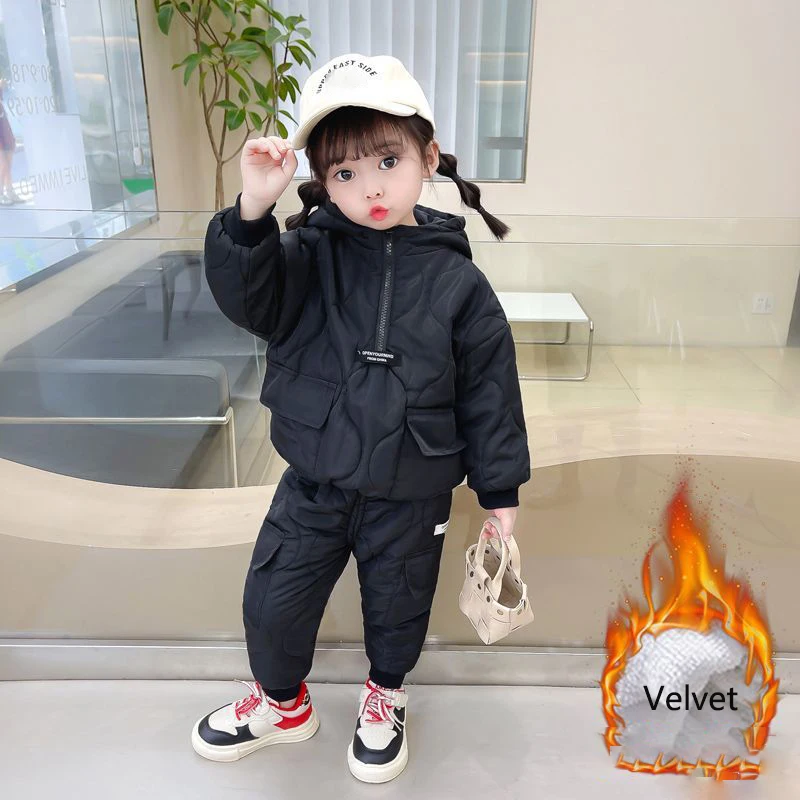 2023 Winter Kids Velvet Clothing Sets 2-10 Years Children Warm Thick Hooded Jackets Loose Pants Suit Girls Boys Outfit