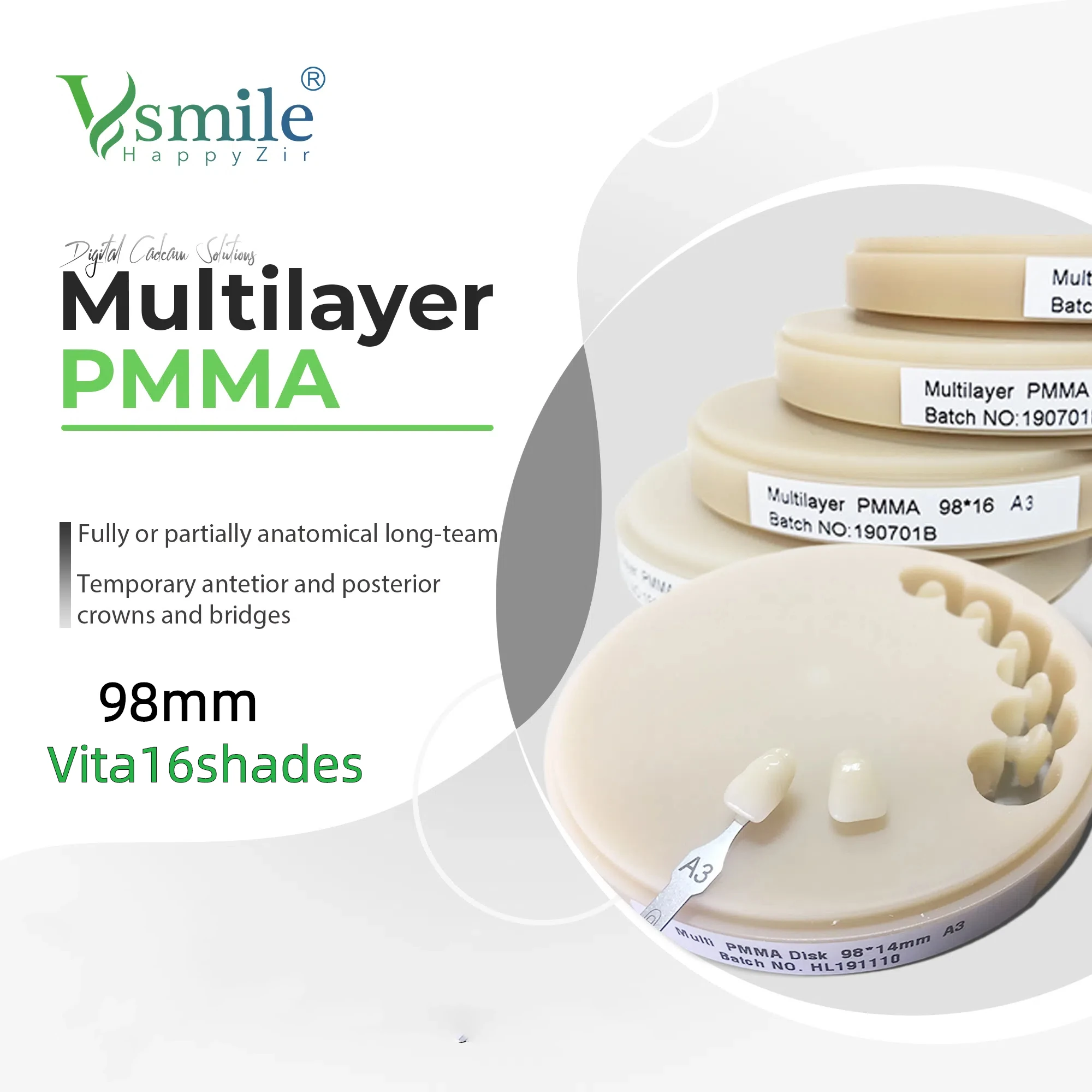 

2PC Vsmile Dental Multilayer PMMA Disc Denture PMMA for CAD/CAM Dental Laboratory Resin Temporary Restorations dental materials
