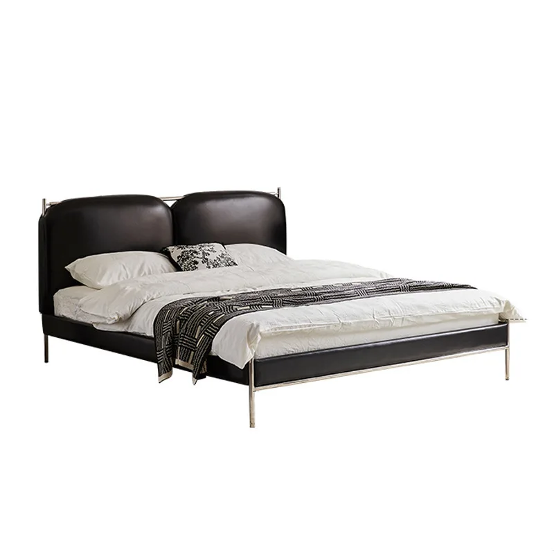 

Cream leather art bed, light luxury small apartment Italian soft bed