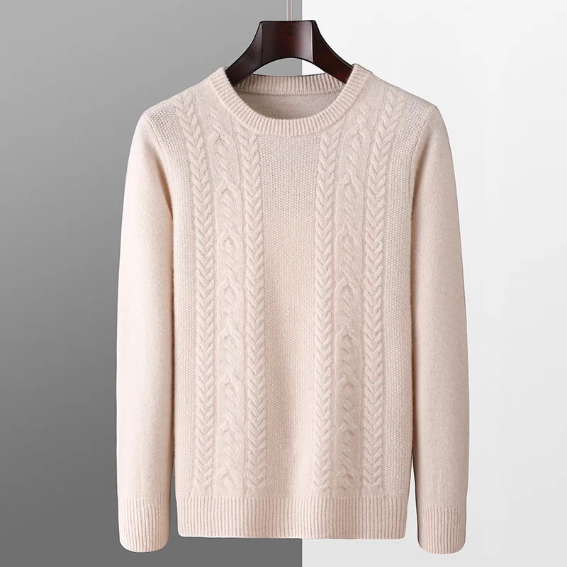 

100% pure wool sweater men's round neck thick twisted flower pullover sweater knitted sweater business loose inner layer base
