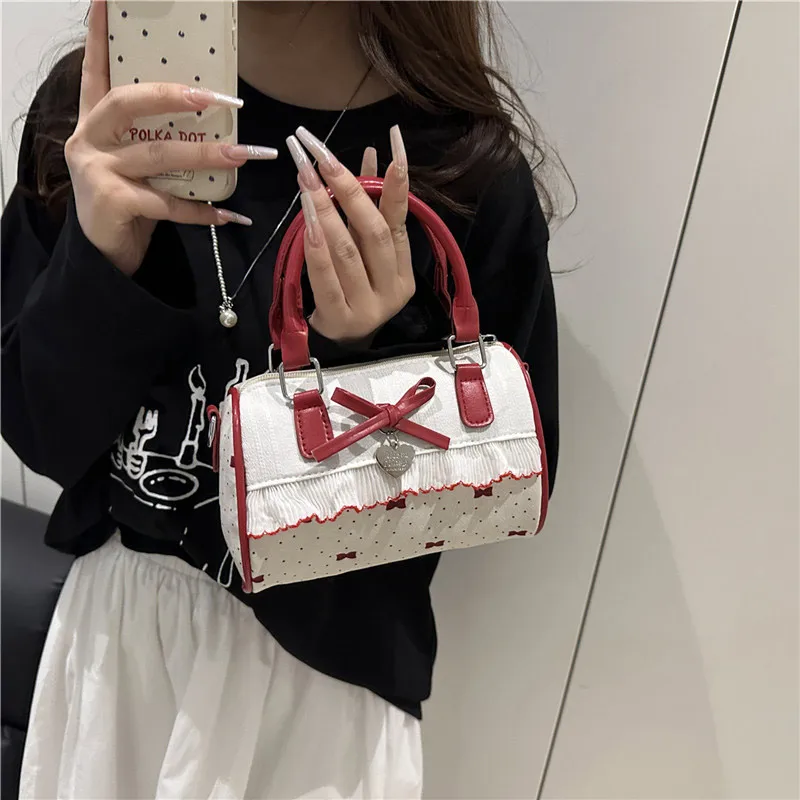Koreanische Bogen Polka Dot Tasche Mode Bowler Tasche Farbe-blockiert Spitze Y2k Stil Handtasche Retro Süße Plaid Crossbody Zipper schulter Tasche – Detail 21