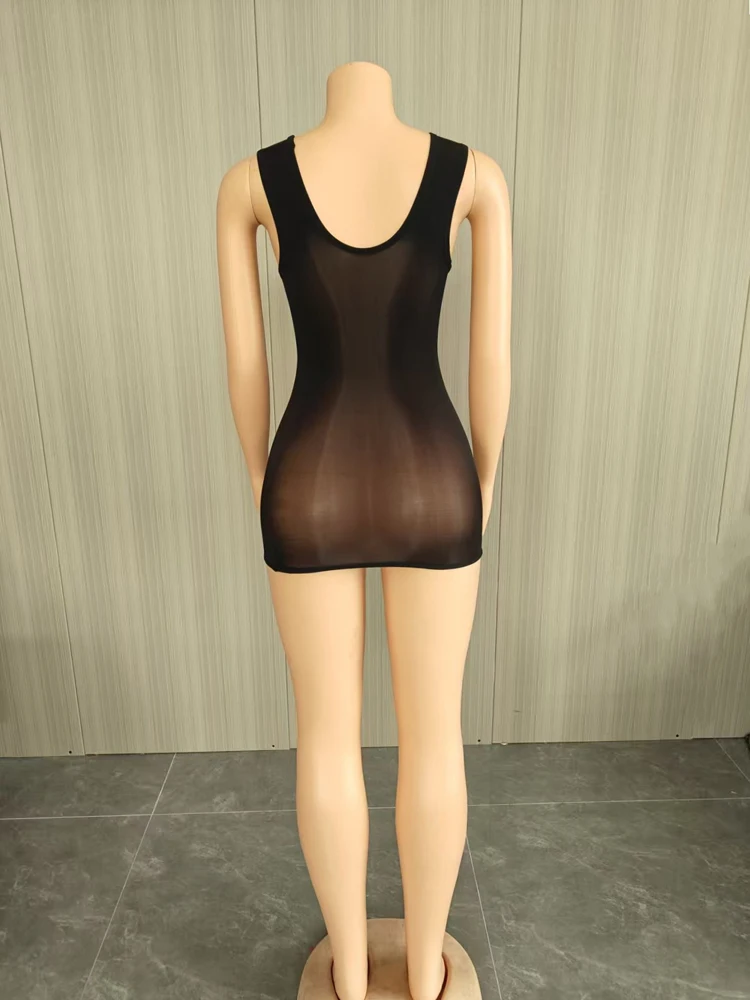 JENYAGE Sexy glänzendes, transparentes Tank-Minikleid für Damen, Stretch-Mesh, figurbetont, für Nachtclubs, ärmellos, mit Rundhalsausschnitt, durchsichtiges Partykleid – Detail 5