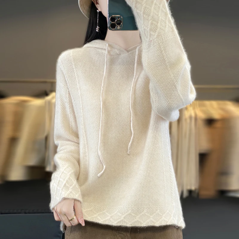 2024 Autumn Winter New 100% Merino Wool Sweater Women's Hooded Collar Pullover Casual Loose Knitted Bottom Fashion Korean Tops