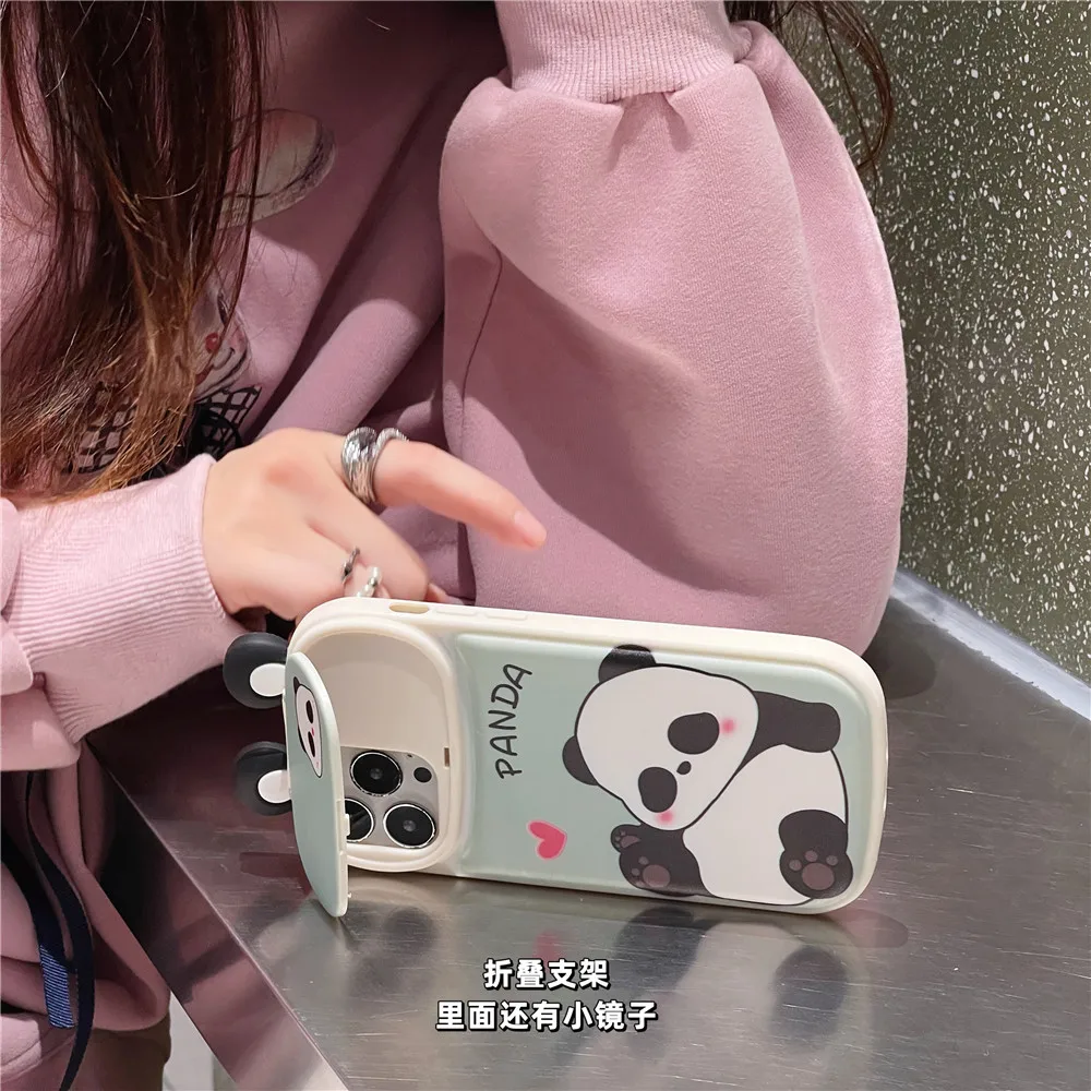 3D Korea Funny Panda Retro Antenna Camera Protective Phone Case For iPhone 15 14 14Pro 12 12Pro 13 11Pro Max Makeup Mirror Cover