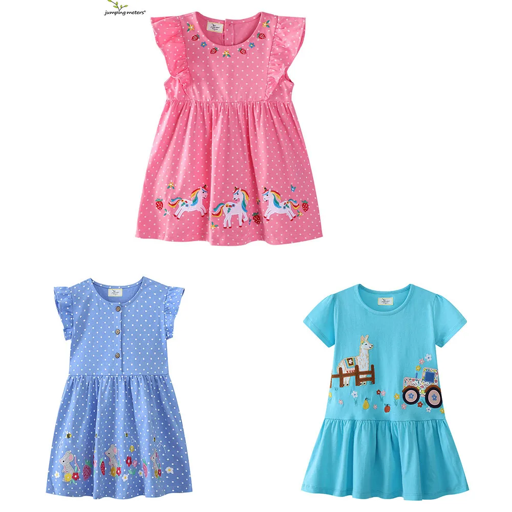 Jumping Meters 2-7T Animals Embroidery Applique Summer Dots Lovely Children's Girls Dresses Birthday Party Cute Baby Clothing