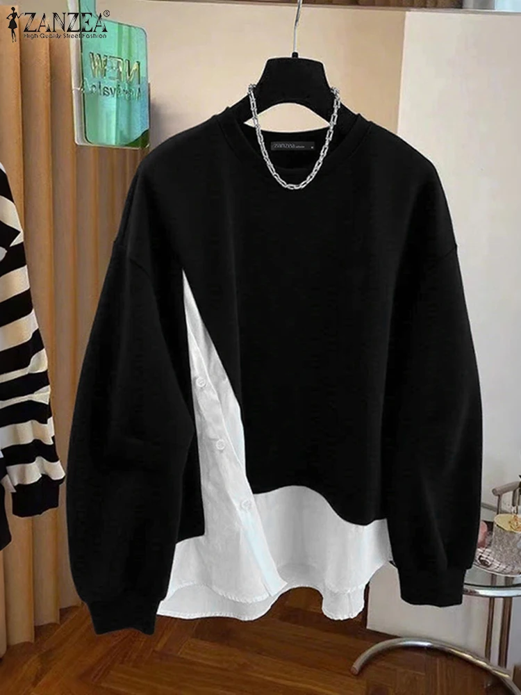 ZANZEA Mode Vrouwen Sweatshirts 2025 Herfst Patchwork Trui Casual O Hals Lange Mouw Tops Hoodies Nep 2 Stuks Sweatshirt