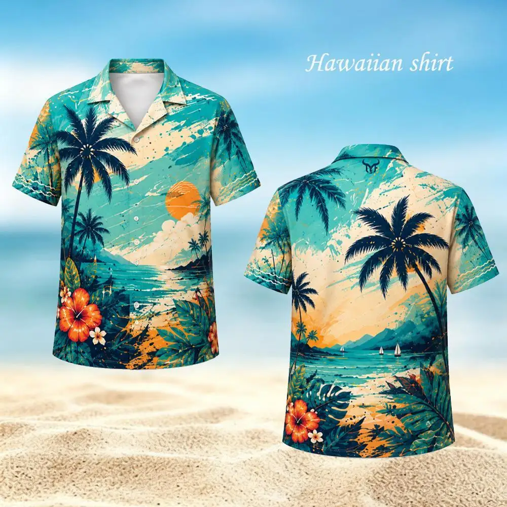 Tropical Sunset Palm Tree Print Hawaiian Shirt Vacation Style Beach Party Casual Lapel Tops Men's Summer Breathable Button Shirt
