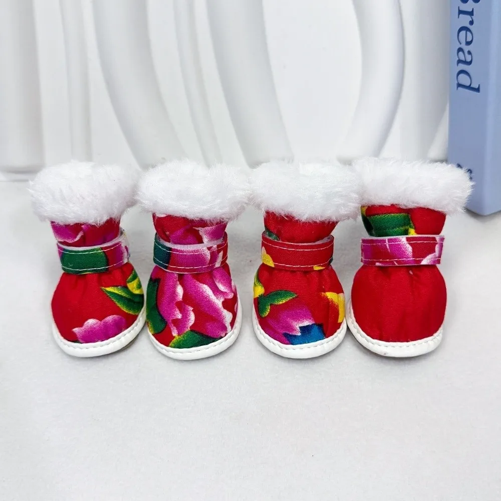 4Pcs Fashion Christmas Winter Dog Shoes Warm Anti-slip Pet Shoes Thickened Cartoon Dog Footwear Puppy