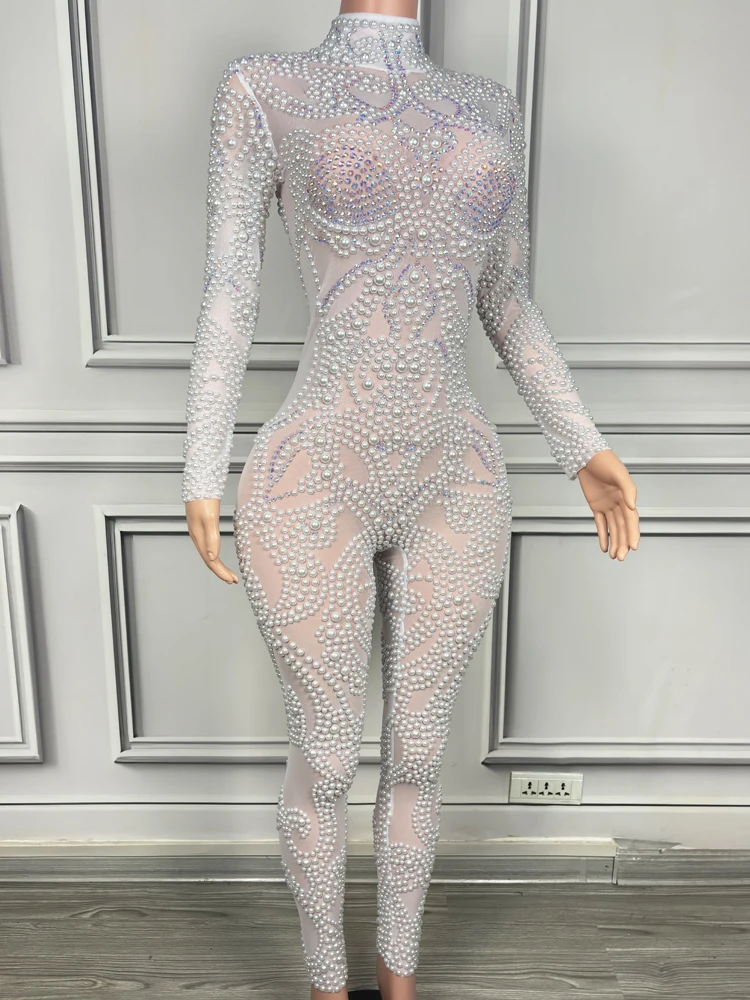 Luxury White Pearls Long Sleeves Women Bodysuit Transparent Mesh Outfit Christmas Party Dance Show Stage Performance Costume