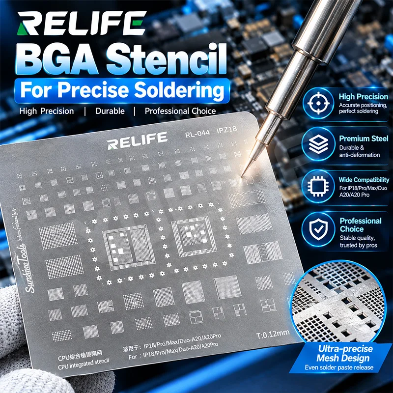 RELIFE RL‑044 IPZ18 CPU Reballing Stencil Template 0.12mm Thickness Premium Steel For IP18 Series Phone Repair Tools