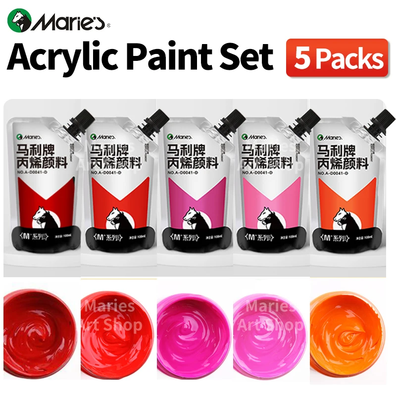 Marie's 5pcs 100ml/3.38oz Red Colors Acrylic Paint Set for Models,Craft,DIY,Rock,Glass,Painting,Canvas,Eggs for Adults, Artists