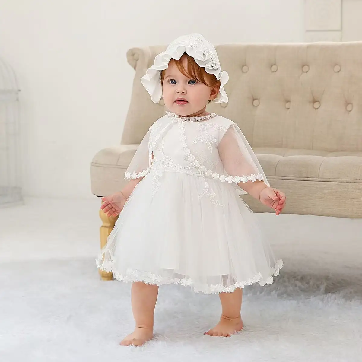 

Wedding Party Princess Baby Dress Set Sleeveless Hood Cloak Soft Satin Floral Embroidered Lace Dress