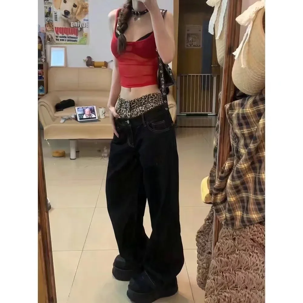 Retro Fashion Harajuku Leopard Print Fake Two-piece High-waisted Straight Wide-leg Loose Jeans Flared Jeans Street Jeans Trendy