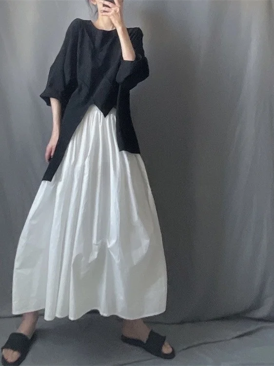

Faionable Cotton Linen Set with Frayed Design Asymmetrical Split Hem Top High Waist f-length Skirt plus Size Two-piece S...