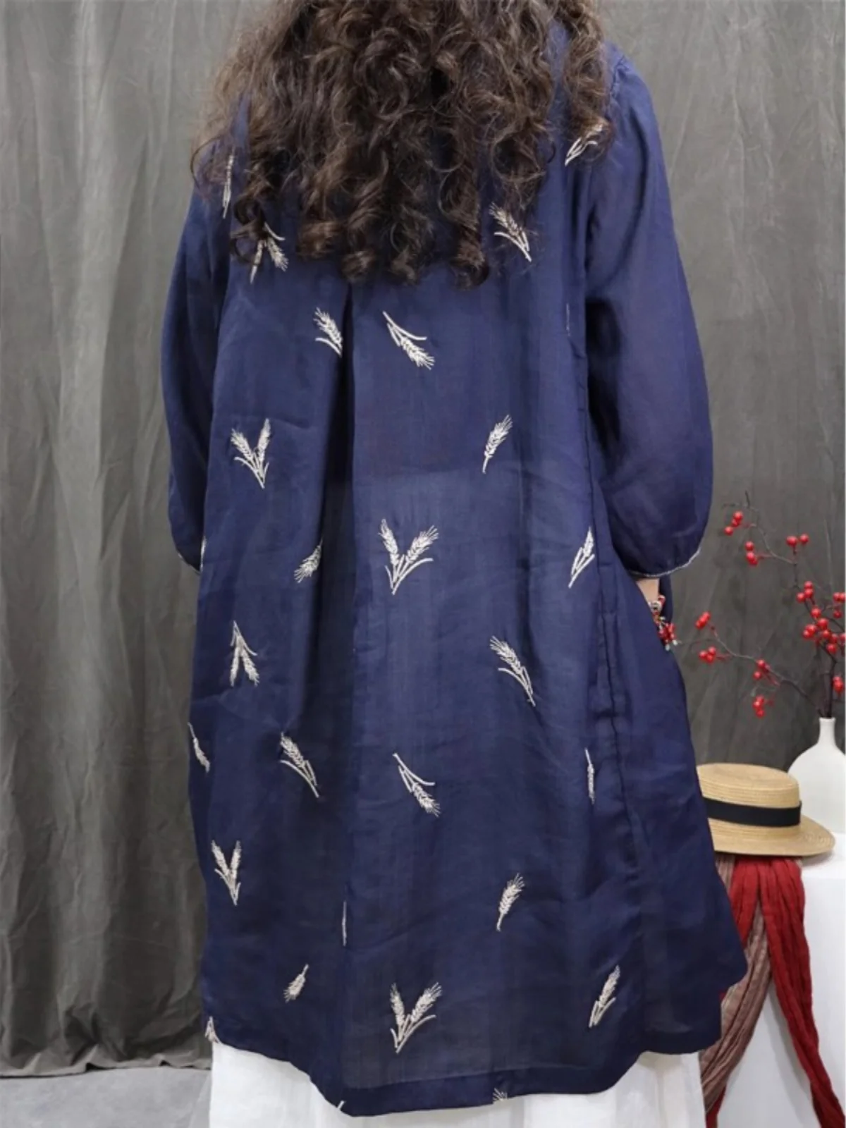 Ele blé oreille broderie léger respirant irt grande taille femme mi-longue boutonné col montant sept-saves Su...