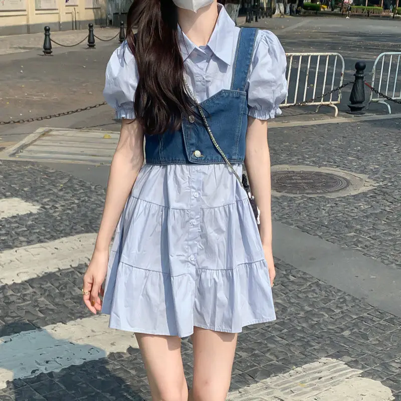 2023 Summer Dress Set Korean Fashion Shirt Dress Denim Tank Tops 2pcs Set Sweet Bubble Sleeve Cute Mini Skirt Y2k Dress