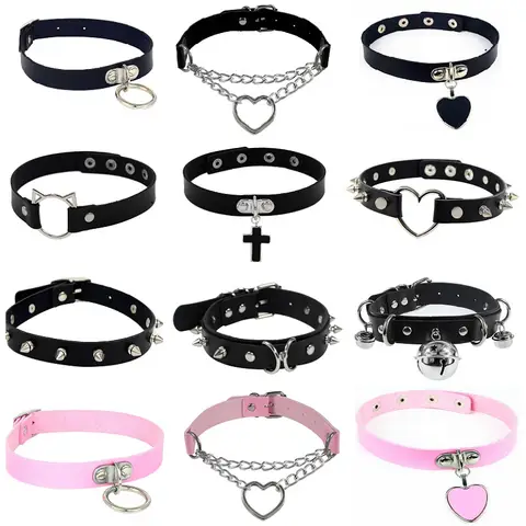 Woman Pu Leather Slave Punk Choker Collar With Bell Cosplay BDSM Rock Goth Rivets Spike Necklace Ring Sexy Party Gothic Jewelry
