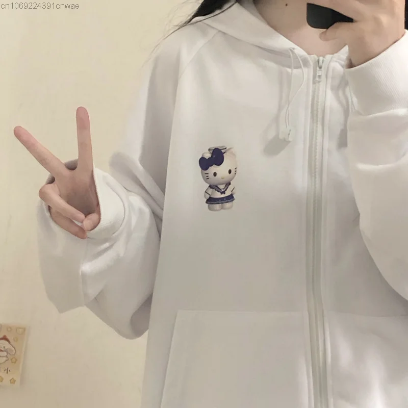 Sanrio Hello Kitty Campus College Style Hoodie Women\'s Y 2k Cute Anime Print Zipper White Sweatshirt Yk2 Japanese Zip Up Coat