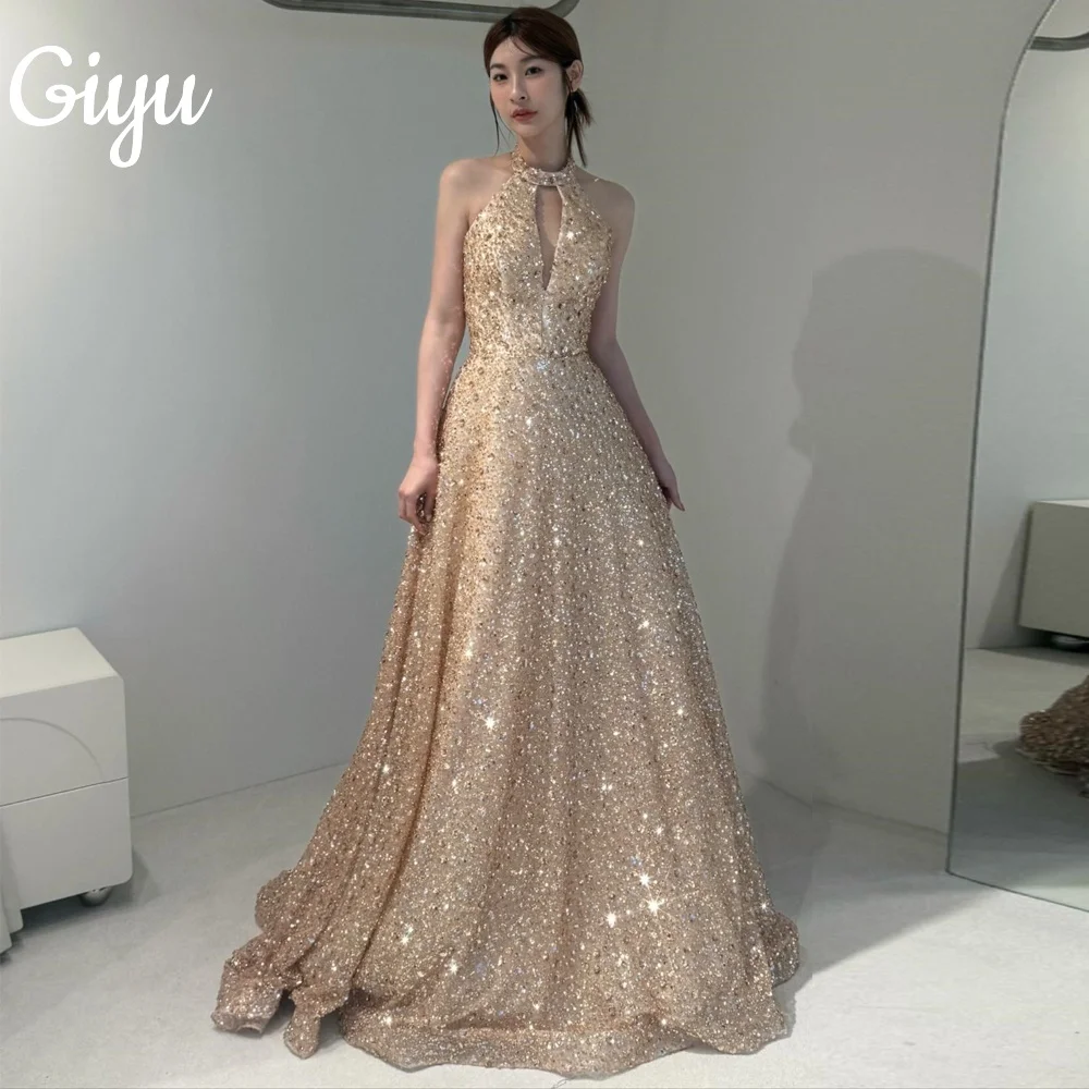 

Giyu Luxury Halter A-line Champagne Gold Wedding Dresses Shiny Beaded Sleeveless Host Dresses Pleat Customized 2025 Evening Gown