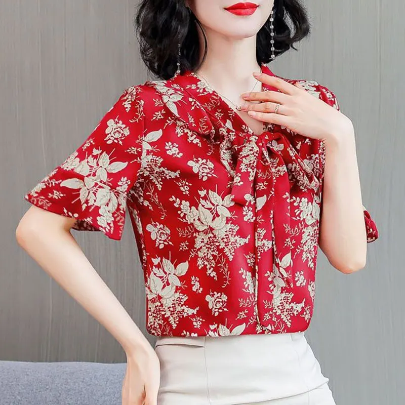 Vintage Gedruckt Chiffon Bluse frauen Kleidung Mode Rüschen Gespleißt 2023 Sommer Lose Elegante V-ausschnitt Kordelzug Bogen Shirt