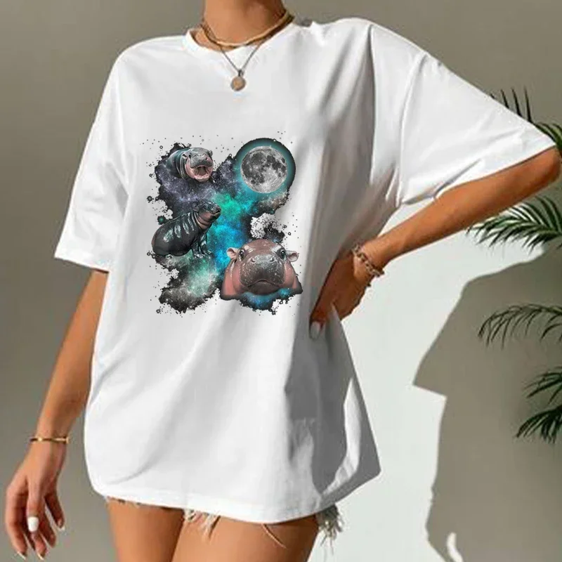 Moo Deng Baby Pygmy Hippo Animal Men Women Short Sleeve Funny Round Neck Casual T-shirt Emoticons And Suitable For Summer