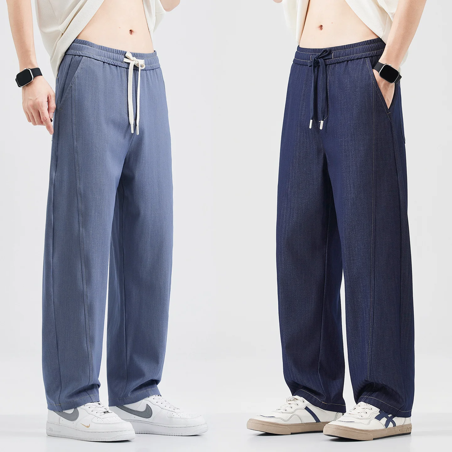 

High Quality Brand Clothing Summer Ultra-thin Stripe Men's Jeans Elastic Waist Breathe Loose Straight Trousers Plus Size M-5XL