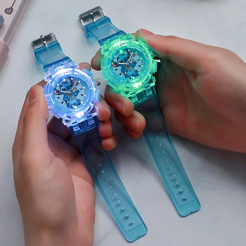 Disney Stitch Angel LED Glowing Flash Watch Children's Fashion Quartz Wristwatch Christmas Gift Toy