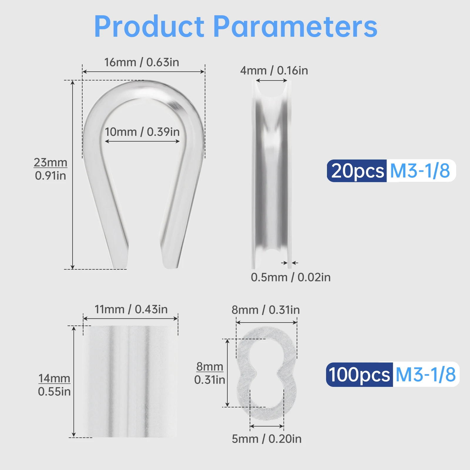 M3 1/8inch 100pcs Aluminum Crimping Loop Sleeves for Wire Rope Cable with 20pcs M3 Stainless Steel Thimbles