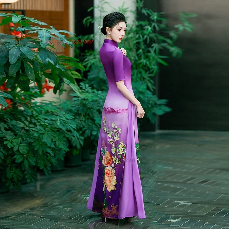 2026 vietnam traditional aodai dress chinese improved qipao national flower print cheongsam dress retro evening banquet dress