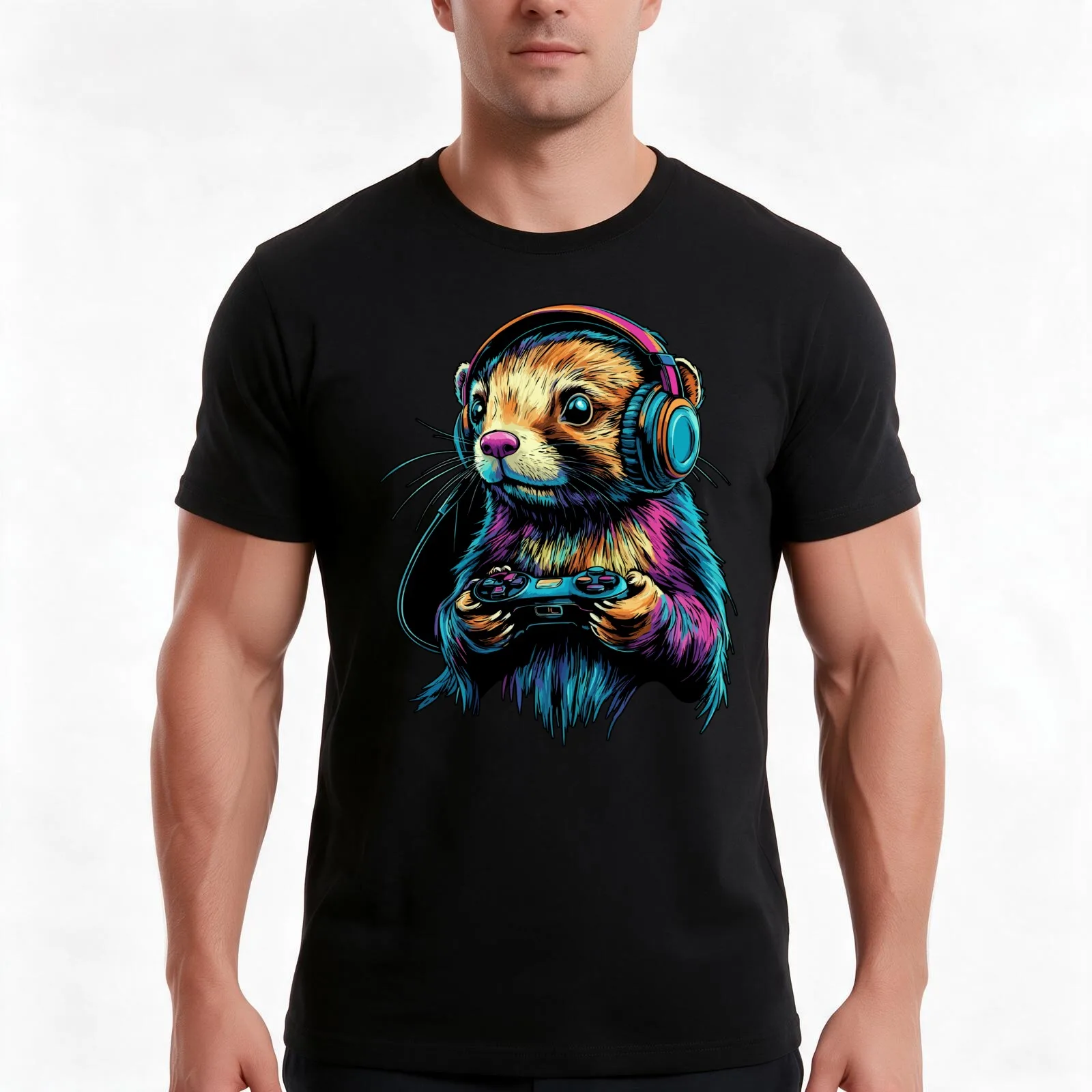 Ferret Lovers Gaming Design Splash Art Kids Ferret Designs T-Shirt, Summer Casual Cotton Tee, Oversized Streetwear Tops