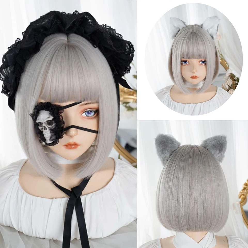 Milchig weißes Silber kurzes glattes Haar synthetische Perücke mit Pony schulter langes glattes Haar weibliche Perücke Cosplay Lolita