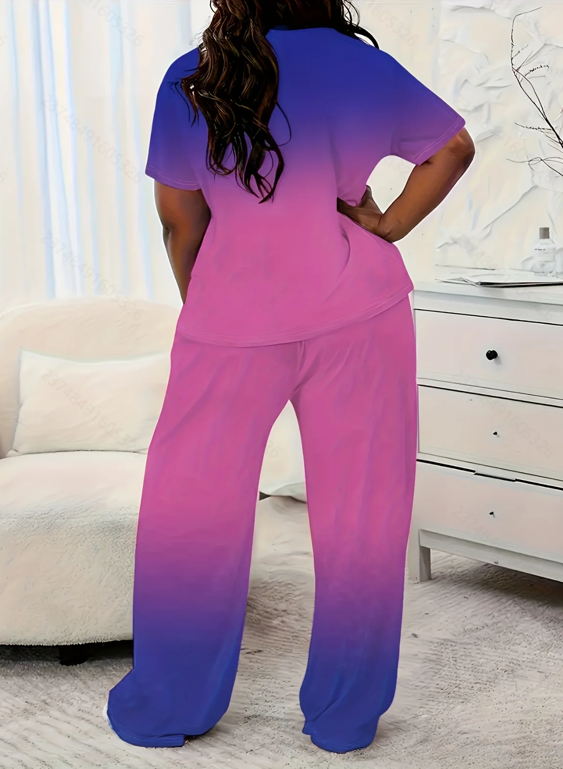 Plus size casual short-sleeve and long-pants women's set, featuring gradient color loose short sleeve and long-pants set with i
