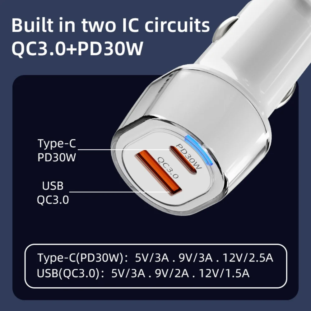 

2 Ports USB Type C Fast Charging Upgrade QC3.0+P030W Car Adapter Charger For Xiaomi iPhone Huawei Samsung Car Smartphone Charger