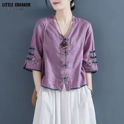 Blusa de lino y algodón con botones bordados para verano, camisa holgada corta con cuello en V para mujer, 2022