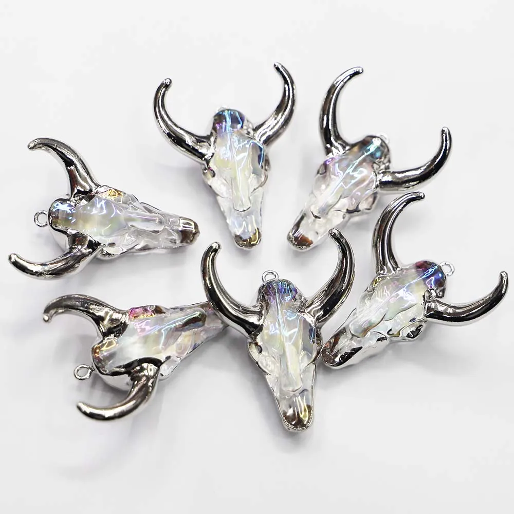 Natural Stone Semi Precious Silver Bull Head Pendant Necklace Charms DIY Jewelry Making Accessories Wholesale 4Pcs Free Shipping