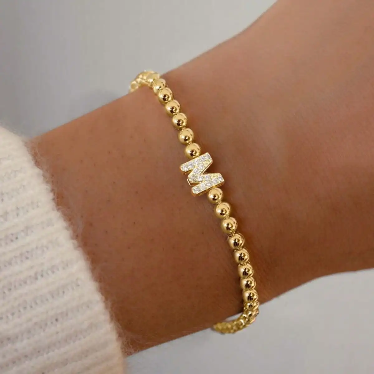 Dainty Simple Pave Zirconia Initial Bracelet for Women Gold Plated Beaded Adjustable Letter Bracelets For Women Birthday Gift