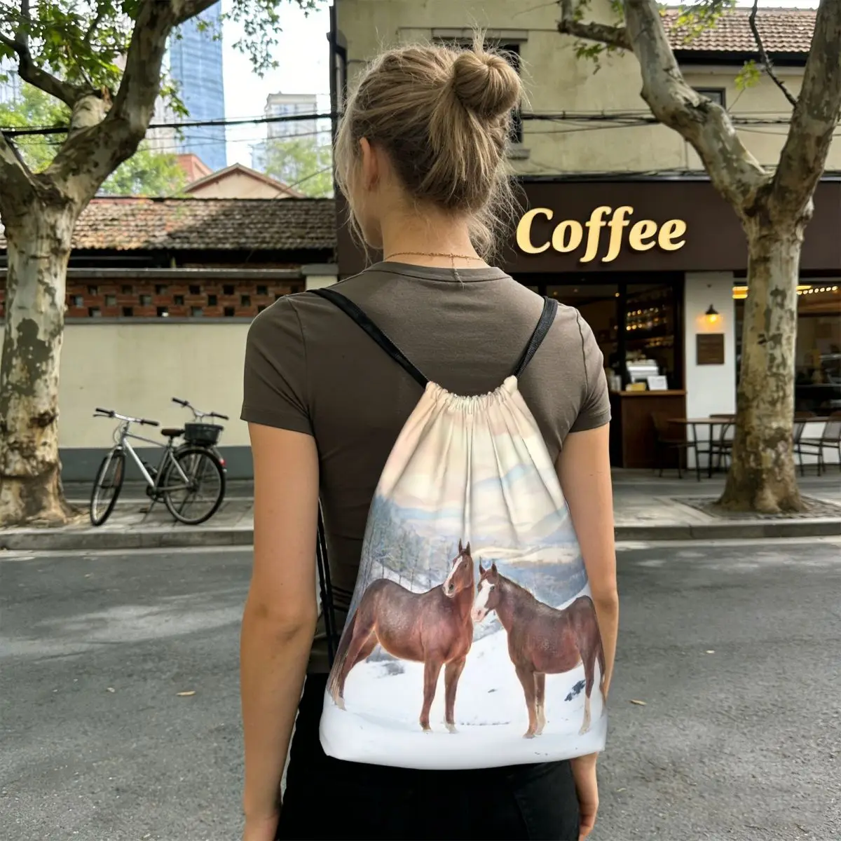 Horses With Snow And Sunset Hills Backpacks Fashion Drawstring Bags Sundries Bag Book Bags for Man Woman School