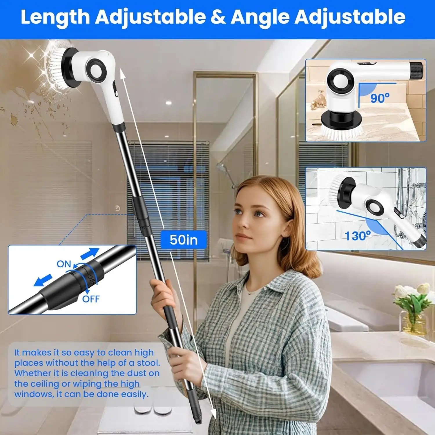 منظف دوار كهربائي، منظف دش لاسلكي، 7 فرش، 3 سرعات، مقبض قابل للتعديل، IPX7 مقاوم للماء - أبيض #5