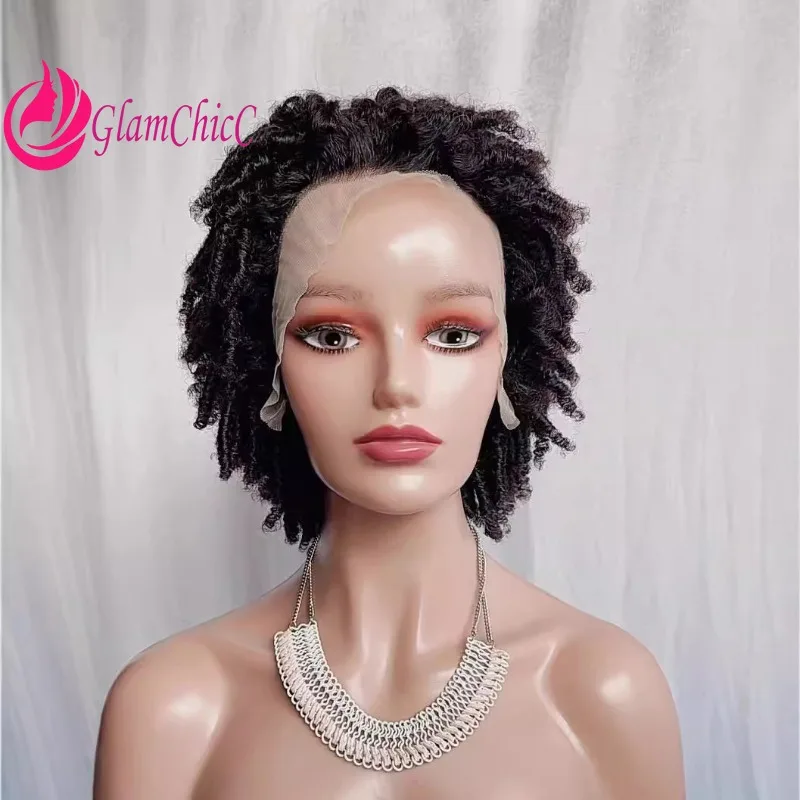 

High Quality 13x4 Lace Front Small Afro Kinky Curly Caterpillar Dirty Braid 14 Inch Natural Color Human Hair Wig 180% Density