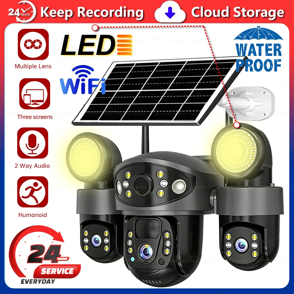 

WiFi-камеры на солнечных батареях с LED-освещением, 3 объектива, водонепроницаемые, для умного дома, защита и безопасность на улице, камера видеонаблюдения