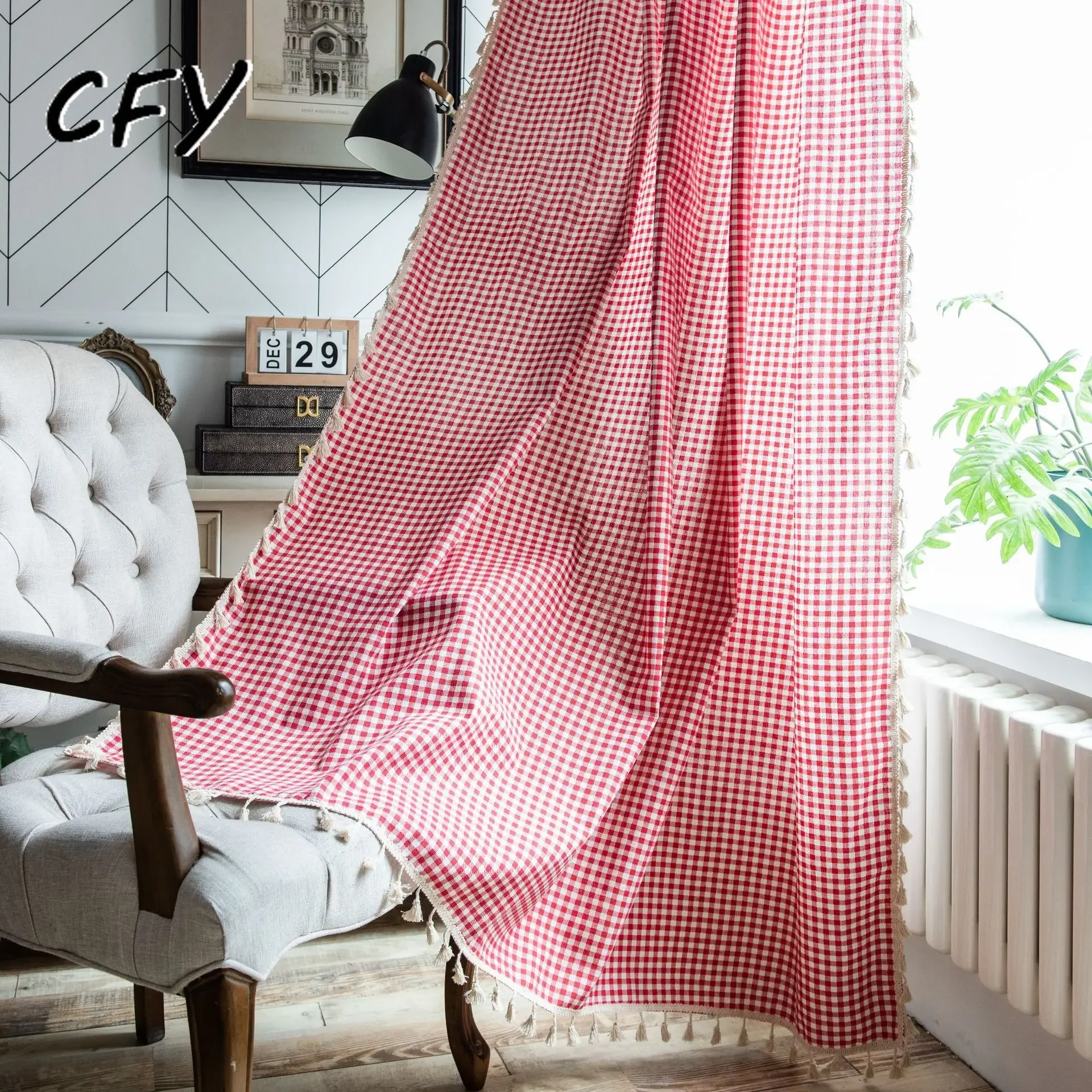 

Korean Plaid Cotton Linen with Tassel Window Curtain Blackout Valance for The Luxury Living Room Curtains for Living Room