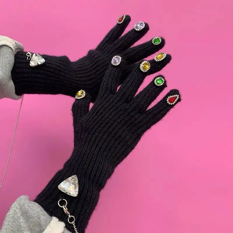 High Appearance Versatile Gloves Personalized Woolen Warm Gloves Autumn Winter Thick Diamond Gloves Chain Touch Screen Trendy