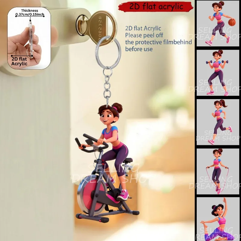 2D Fitness Girl Keychain Sporty Themed Acrylic Pendant for Car Key Backpack Decorations Gym Bag Additions Luggage Identification