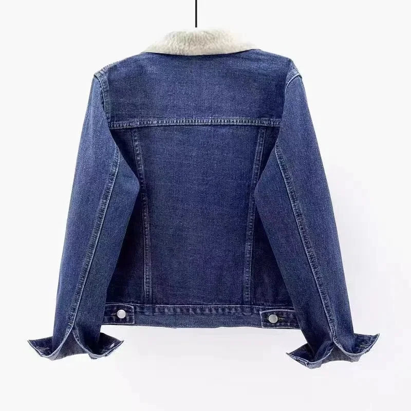 Mantel Jeans Wanita Musim Semi Musim Gugur 2023 Baru Jaket Pendek Berkancing Sebaris Lengan Panjang Mantel Jaket Denim Hangat Beludru Musim Dingin Wanita