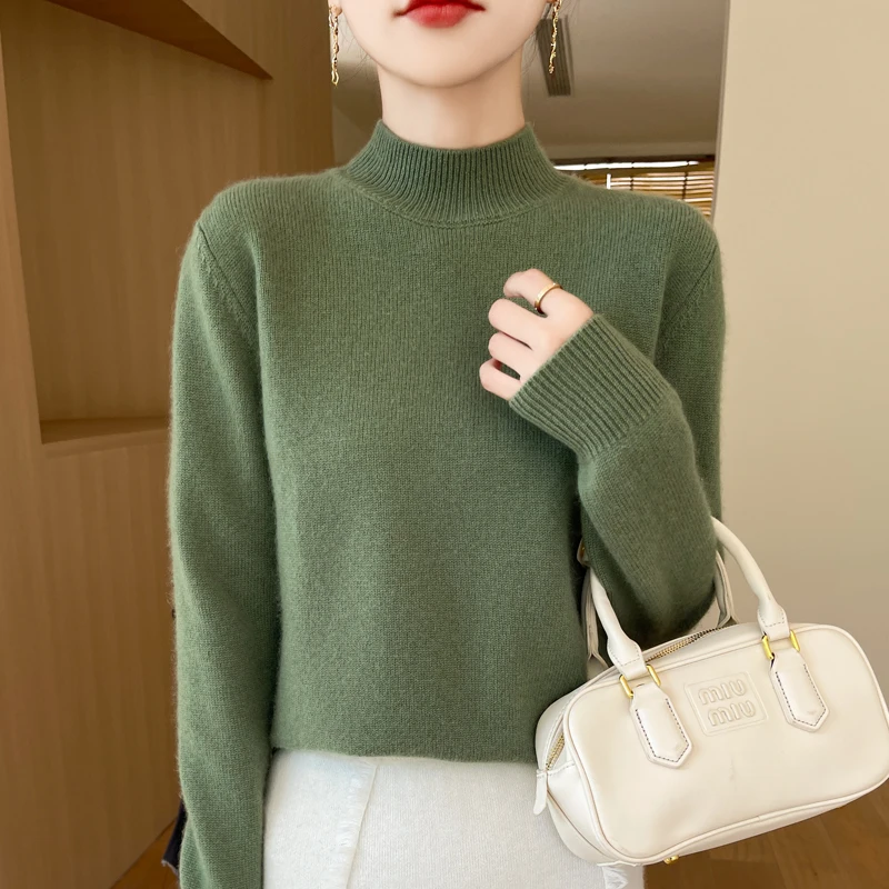 سترة محبوكة من One Line نصف ارتفاع 100% Andy Velvet للنساء للخريف والشتاء، نمط أساسي فضفاض بأكمام طويلة GH79