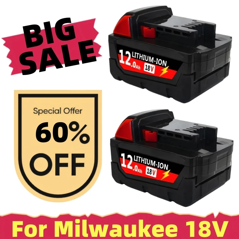 

12000mAH For Milwaukee M18 18V Replacement M18B5 XC Li-ion battery 48-11-1815 2604-20 48-11-1850 2604-22+Charger