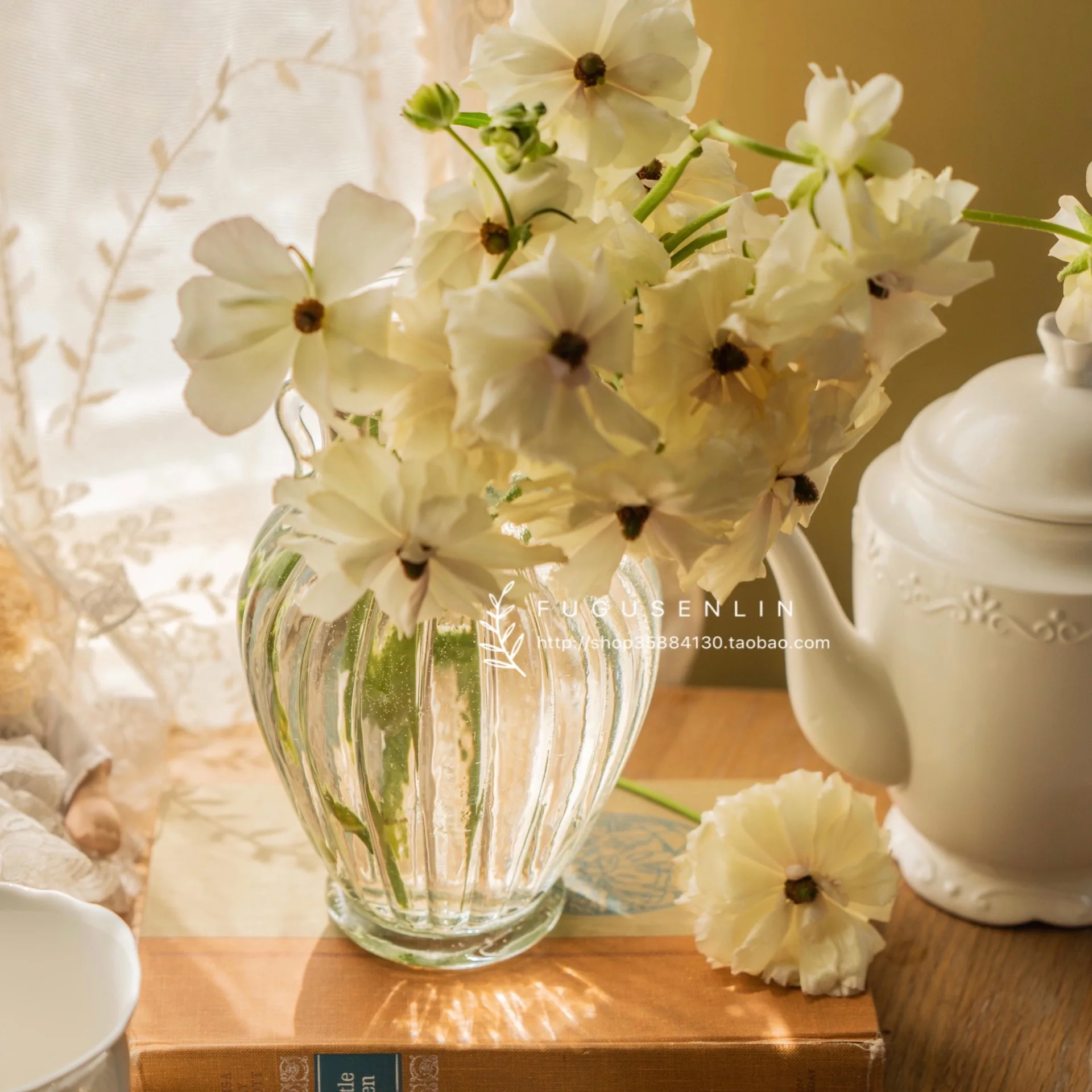 Retro French Double-Handled Pot Shape Transparent Glass Vase