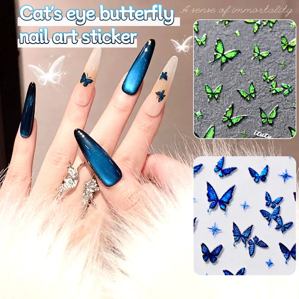 1pc 3D Blau Schmetterling Nagel Aufkleber Cat Eye Gel Nagel Selbst-Kleber Glitter für Nail art DIY Salon liefert Nagel zubehör