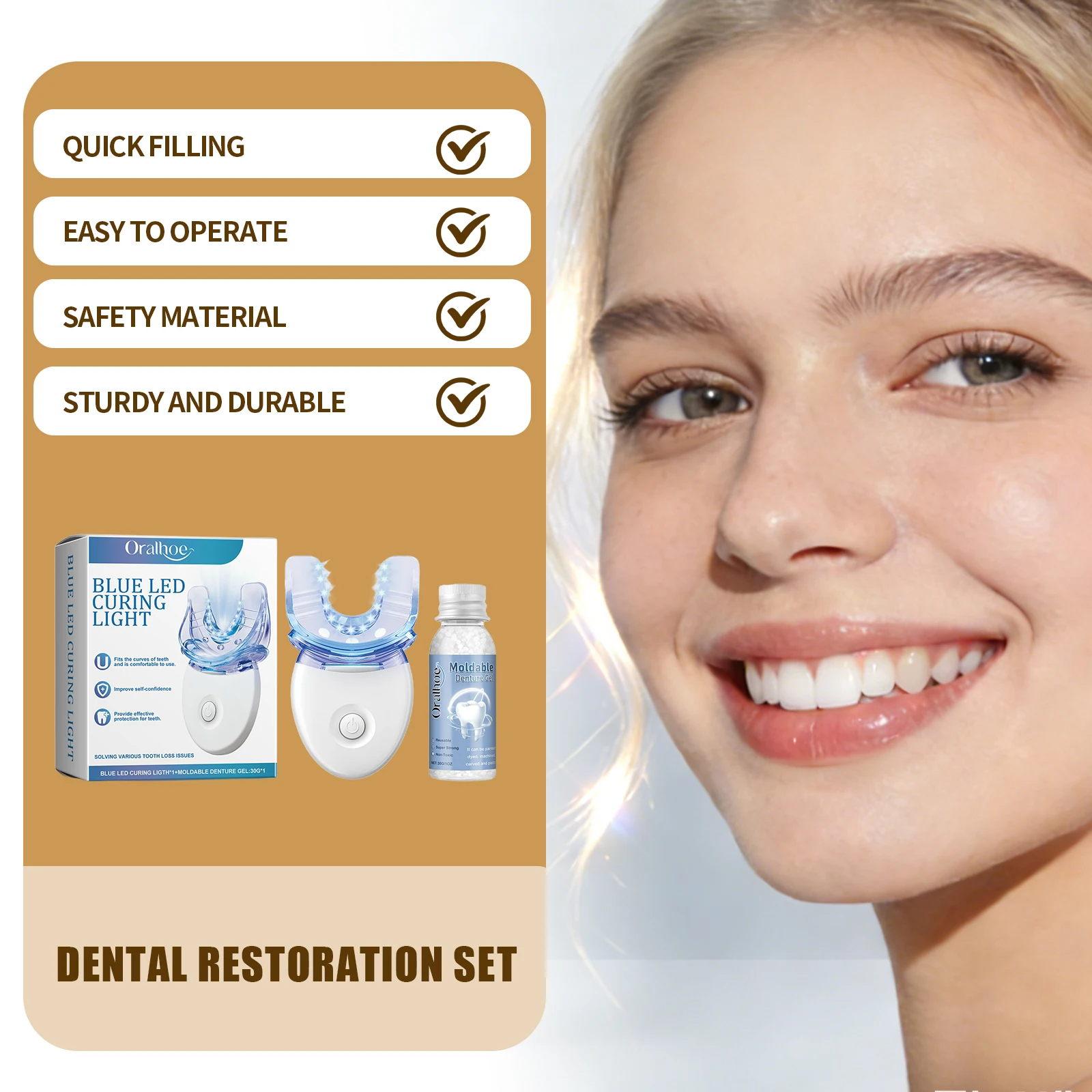 

At-Home Tooth Repair Set Dental Restoration Shapeable Gel With Blue Curing Light Teeth Gaps Filling Temporary Teeth Repair Kit