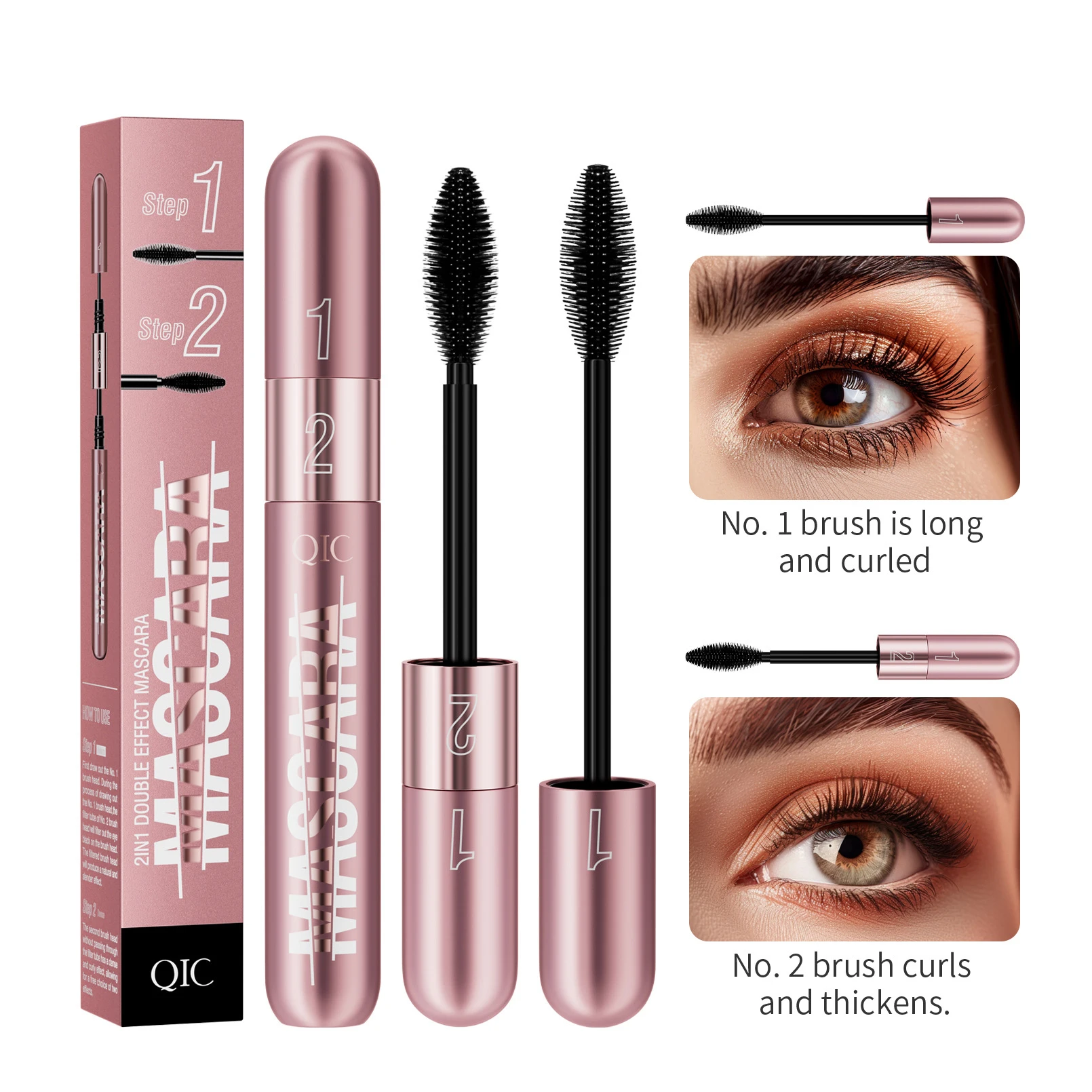 New Rose Gold Double Effect Elongation Mascara Dense and Slender 2 in 1 Waterproof and Non Smudging Curled Mascara Makeup Tools
